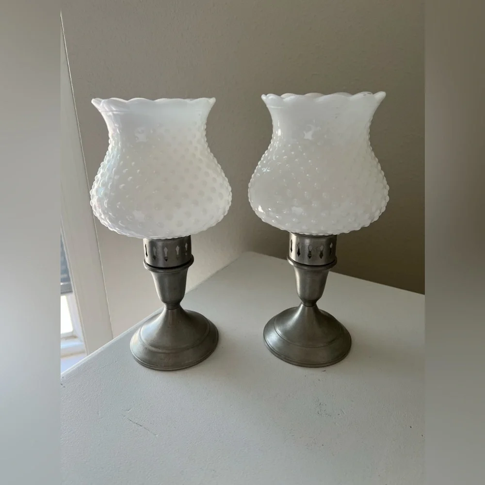 Vintage Towle Pewter Tapered Candlestick Holders 7667 | White Milk Glass Inserts